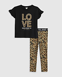 Girls Black Love Leopard T-Shirt Set