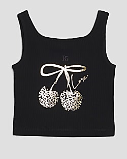 Girls Black Leopard Cherry Bow Tank Top