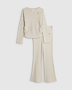 Girls Beige Ruched Top Set