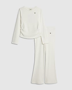 Girls Cream Ruched Flared Trousers Set