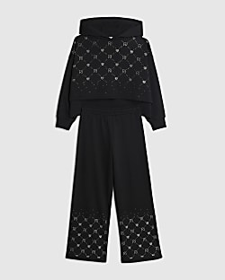 Girls Black Embellished Hoodie Set
