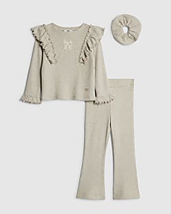 Mini Girls Beige Frill Shoulder Top Set