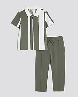 Mini Boys Khaki Striped Polo Shirt Set