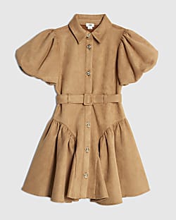 Girls Brown Faux Suede Shirt Dress