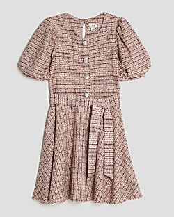 Girls Pink Boucle Belted Check Dress