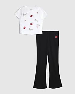 Girls White Love Lips Embroidered T-Shirt Set