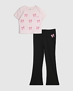 Girls Pink Bow Embroidered Leggings Set