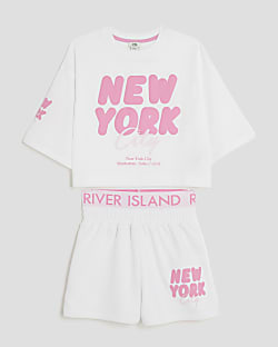 Girls White New York T-Shirt And Shorts Set