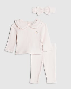 Baby Girls Pink Collar Ribbed Top Set
