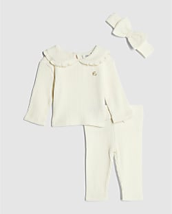 Baby Girls Cream Collar Ribbed Top Set