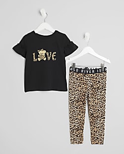 Mini Girls Black Love Leopard Leggings Set