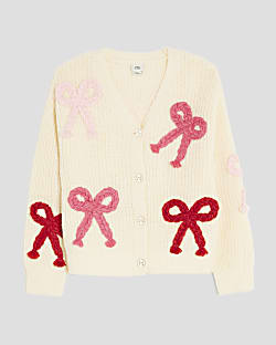 Girls Cream 3D Bow Cardigan