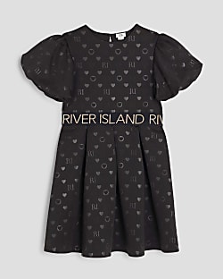 Girls Black Embossed RI Monogram Dress
