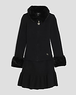 Girls Black Faux Fur Collar Cardigan Set