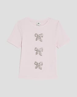 Girls Pink Ribbed Diamante Bow T-Shirt