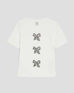 Girls Cream Ribbed Diamante Bow T-Shirt