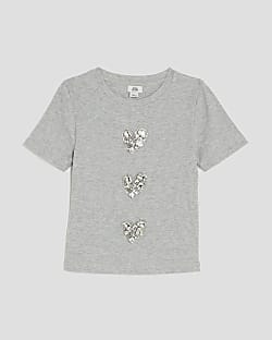 Girls Grey Ribbed Diamante Heart T-Shirt
