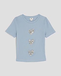 Girls Blue Ribbed Diamante Heart T-Shirt