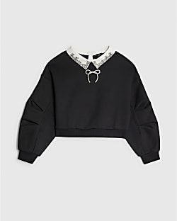 Girls Black Embellished Collar Sweatshirt