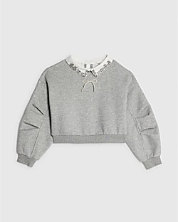 Girls Grey Embellished Collar Sweatshirt