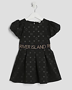 Mini Girls Black Embossed RI Monogram Dress
