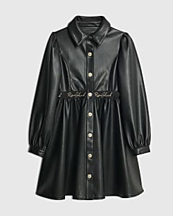 Girls Black Faux Leather Shirt Dress