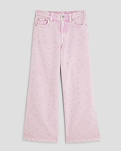 Girls Pink Diamante Washed Wide Leg Jeans