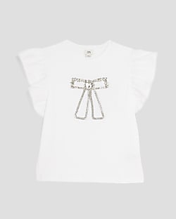Girls White Frill Bow T-Shirt