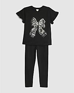 Girls Black Sequin Bow Top And Leggings Set