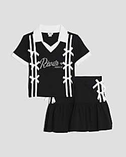Girls Black Polo Shirt And Skirt Bow Set