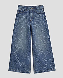Girls Bow Diamante Wide Leg Jeans