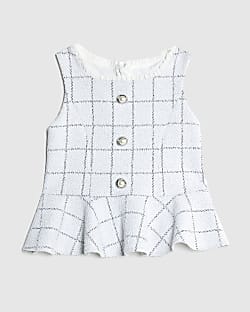 Girls White Boucle Check Peplum Top