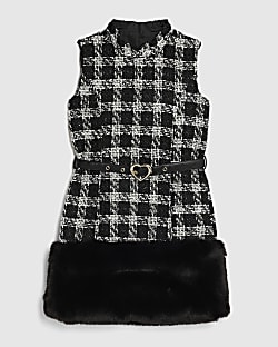 Girls Black Monochrome checked Fur Hem Dress