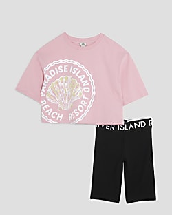 Girls Pink Shell Crop Top & Cycle Shorts Set