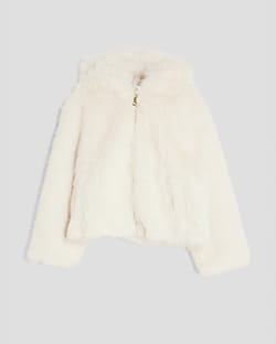 Girls Cream Faux Fur Bomber Jacket