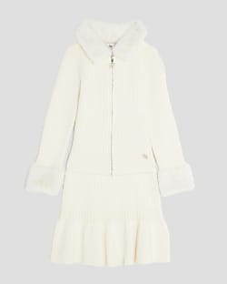 Girls Cream Faux Fur Collar Cardigan Set