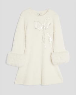 Girls Cream Fur Cuff Sequin Bow Skater Dress