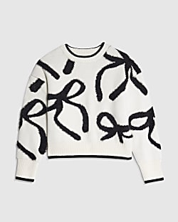 Girls Cream Fluffy Bow Jumper