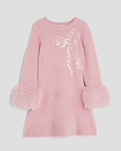 Girls Pink Fur Cuff Sequin Bow Skater Dress
