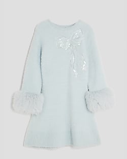Girls Blue Fur Cuff Sequin Bow Skater Dress