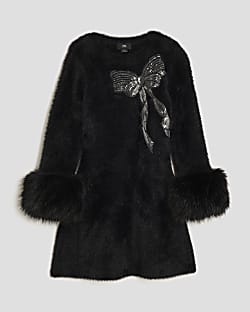 Girls Black Fur Cuff Sequin Bow Skater Dress
