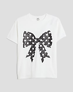 Girls White Polka Dot Bow T-shirt