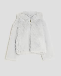Girls Cream Faux Fur Bomber Jacket