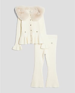 Mini Girls Cream Faux Fur Collar Cardigan Set