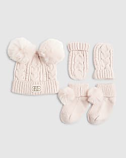 Baby Girls Pink Beanie 3 Piece Bundle