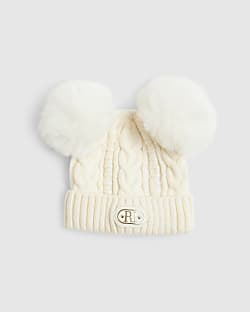 Baby Cream Double Pom Bow Beanie Hat