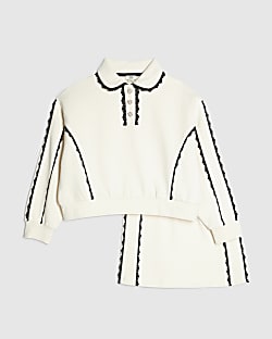 Girls Cream Lace Trim Skirt & Sweatshirt Set