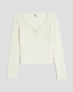 Girls Cream Pearl Embellished Long Sleeve Top