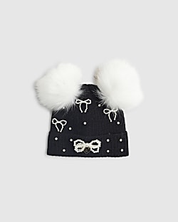 Girls Black Pearl Bow Beanie Hat