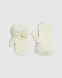Mini Girls Cream Knitted Fur Bow Gloves
